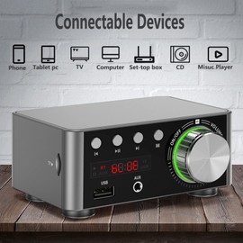 Adeept Mini Bluetoth 5.0 Power Amplifier Hi-Fi Stereo Class D TPA3116 Digital Amp 50W x 2 Home Speakers Audio Car Marine Music Player TF USB AUX IN (Siliver)