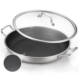 DELARLO Paella Pan 14 Inch Tri-Ply Stainless Steel Paella Pan with Lid Nonstick Frying Pan, Hybird Induction Large Skillets,Great for Paella Parties Indoors Outdoors,Heavy Duty Style