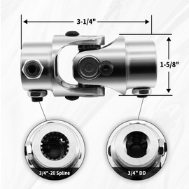 Ovabeyna 3/4"-20 Spline X 3/4" DD Chrome Steering Universal Joint Single U Joint Shaft,Total Length: 83mm (3-1/4")