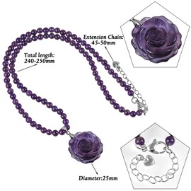 KYEYGWO Carved Rose Flower Pendant Beaded Necklace, Natural Crystal 4mm Beads Stackable Layered Bracelet Chakra Jewellery Gifts for Women, Amethyst