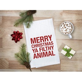 Holiday Kitchen Towel – Merry Christmas Ya Filthy Animal – White Flour Sack Hand Towel