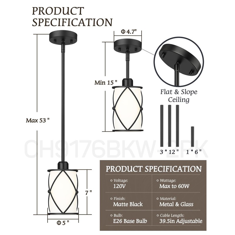 Osimir Glass Pendant Lights Kitchen Island, 2 Pack Modern Black
