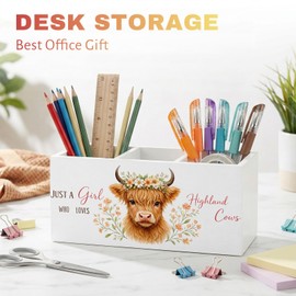 Highland Cow Pen Pencil Holder for Office Desk Highland Cow Home Office Decor Gift for Girls Wooden Farmhouse Organizer Desktop Decor Makeup Brush Toothbrush Holder for Bathroom Desk Accessories