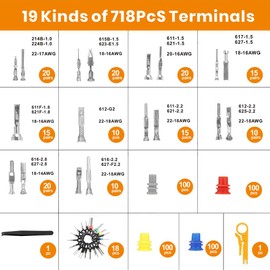 719PCS 19 Types Automotive Pin Connector Kit With Wire Crimping Tool, 1/1.5/1.8/2.2/2.8/3.5mm Terminal Pins With Pin Removal Tool Kit, For 22-14 AWG Molex Style Deutsch DELPHI AMP JST TYCO Connectors