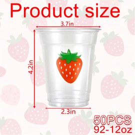 CIEOVO 50 Pack 12oz Strawberry Party Cups, Berry Sweet One Disposable Clear Plastic Cups for Strawberry Theme Birthday Wedding Baby Shower Party Beer Beverage Ice Cream Snacks Decoration