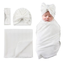 MniJiza Baby Swaddling Cloth Newborn Swaddle Toddler Girls Hat Headband Sleeping Bag (White)