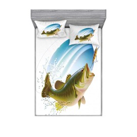 Ambesonne Fishing Fitted Sheet & Pillow Sham Set, Largemouth Sea Bass Catching a Bite in Water Spray Motion Splashing Wild Image, Decorative Printed 3 Piece Bedding Decor Set, Full, Blue and Green