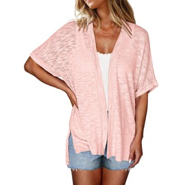 Halife Oversized Cardigans for Women Pink Casual Loose Lightweight Cardigan Short Sleeve Kimono Open Front Coverup Top 2XL