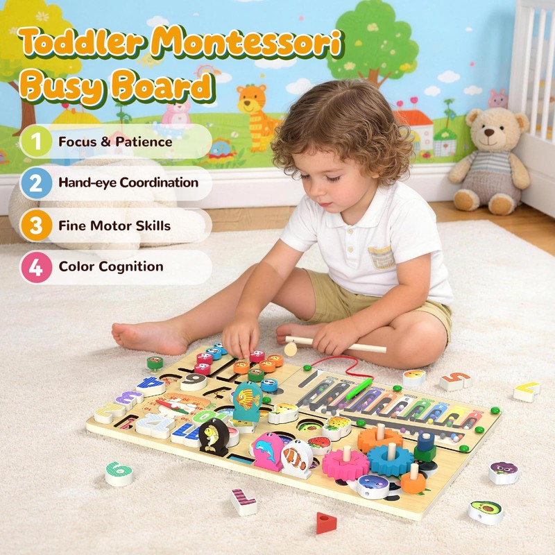 9-in-1 Montessori Busy Board Wooden Magnetic Maze Toy for 3+