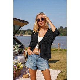 GRACE KARIN Women's 3/4 Batwing Sleeve Cardigan Elegant V-Neck Open Front Bolero Casual Front Tied Cardigan, black