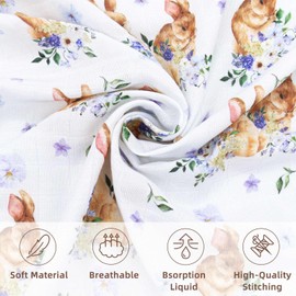 LifeTree Baby Swaddling Cloth Muslin Cloth Large 120 x 120 cm Muslin Swaddle Blanket Baby Bamboo Cotton Swaddle Wrap for Boys and Girls Newborns, Purple Rabbit Design
