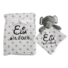 KIDDI-MEDIA Baby Blanket Including Comforter with Name and Date of Birth Embroidered/Cuddly Soft / 1A Quality (Grey Elephant Stars)