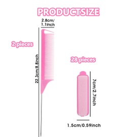 Hair Roller Set with Rat Tail Combs 28 Foam Rollers and 2 Styling Combs Pink 8.8cm Length