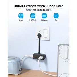 TROND Outlet Extender with 6 Inch Cord - Multi Plug Wall Outlet, 4 Electrical Outlets and 4 USB Ports, Wall Mountable, Flat Outlet Extender for Home Office Travel, Cruise Ship Essentials, Black