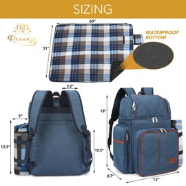 Rnoony Picnic Backpack for Camping, Picnic Basket for 2 with Insulated Cooler Bag and Bottle Pouch, Picnic Bag with Lightweight Blanket and Cutlery Set for Family, Couple and Hiking