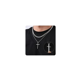 Men's Stainless Steel Cross Necklace - 2PC Silver Set with Sturdy Cuban Box Chain Inspirational Bible Verse Engraving Easter Birthday Gifts for Teens Religious Jewelry (MATTHEW 19:26, 20inch/22inch)