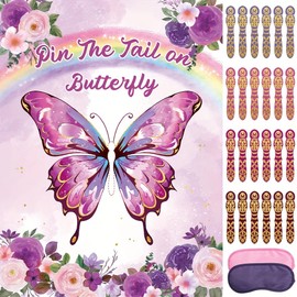 Butterfly Party Games - Pin the tail on Butterfly Birthday Party Game Pink Purple Butterfly Poster with 24pcs Tails Sticker and 2 Eye Masks Butterfly Birthday Party Carnival Party Supplies
