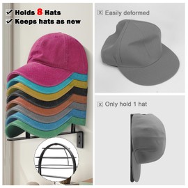 HarJue Hat Rack for Wall, Metal Wire Hat Organizer for Baseball Caps, Unique Design Hat Holder/Hanger, Wall Mounted Hat Storage for Ball Cap Display, Matte Black(1 Pack)