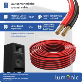 Lumonic Lautsprecherkabel | 50m Rot Schwarz | 2X 0,75mm² CCA | HiFi Boxenkabel | Audio Zwillingsleitung