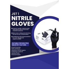 JST1 Black Nitrile Powder Free & Latex Free Disposable Gloves - Strong Heavy Duty for Cleaning, Mechanics, Catering and General Use, 100 Gloves (Medium)