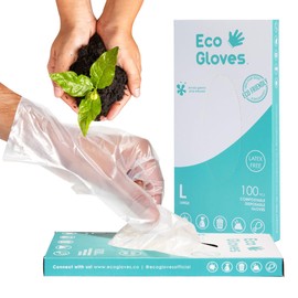 Eco Gloves Plant-Based Compostable Gloves Eco-friendly Latex Free, Powder Free, BPA Free for Food, Safety, Cleaning, Pet Care | Pack of 100 | Clear (Medium)