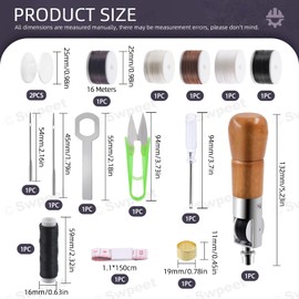 Swpeet 16Pcs Leather Sewing Awl Craft Kit Including Handheld Sewing Repair Awl, Waxed Thread, Flat Wax Cord, Screwdriver, Straight Needles, Measuring Tape, Scissors, Thimble, Spools, Wrench for DIY