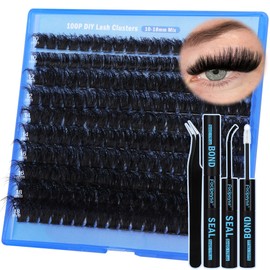 Focipeysa Thick Lash Extension Kit Fluffy Lash Clusters 100P Eyelash Extension Kit DIY Lash Extension Kit with Bond and Seal Glue, Lash Applicator DIY at Home for Beginner (100P 10-18MM)
