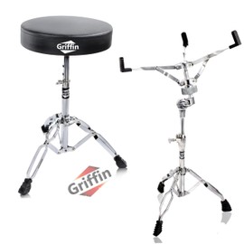 Snare Stand & Drum Throne 2-PACK Set by GRIFFIN | Percussion Chrome Hardware Kit & Double Braced Light-Weight Mount for Standard Snares, Tom-Toms & Practice Pad | Slip-Proof Gear Tilter & Clamp Holder