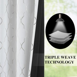 ZJDECOR - Cortinas opacas con ojales para recámara de 90 pulgadas de largo, diseño geográfico plateado en blanco con bloqueo de luz, tela de triple tela, tratamiento de ventana marroquí, blanco