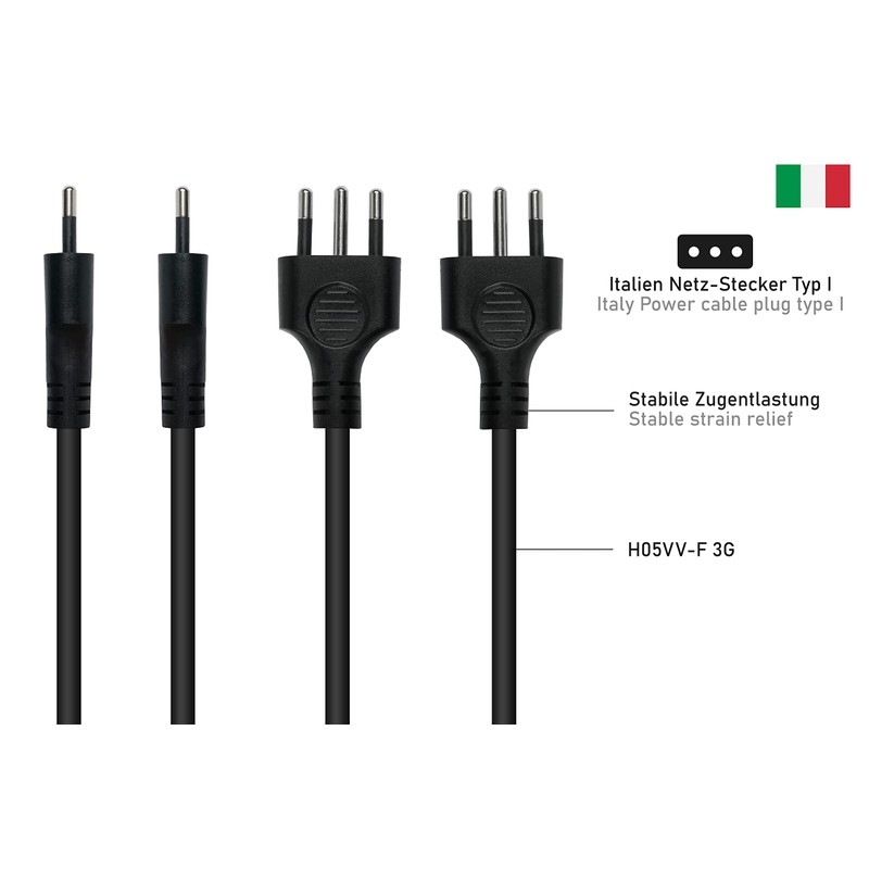 Power Cable Italy Mains Plug Type I (CEI 23-16) to