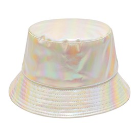ZLYC Unisex Fashion Bucket Hat PU Leather Rain Hat Waterproof (Holographic Beige)