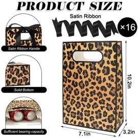 AnyDesign 16Pcs Leopard Print Party Favor Bags with Handles Brown Safari Animal Paper Treat Bags with Ribbon Bows Candy Goodie Bag for Birthday Wedding Party Favors Supplies