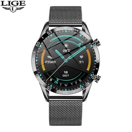 LIGE large disc steel band smart watch with exercise and sleep detection, wireless calls and long standby Wearable multiple sport wireless answer - Color: Black mesh belt