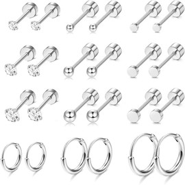 Granmagazz Small Tiny Stud Flat Back Earring,12 Pairs Stud Earrings Set, Cartilage Stud Earrings, for Women Men Titanium Round Cartilage Earring Studs Hypoallergenic Screw Back Ear Piercing Set
