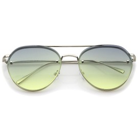 zeroUV Modern Temple Brow Bar Rimless Gradient Colored Flat Lens Aviator Sunglasses 59mm (Shiny Silver/Blue-Yellow)