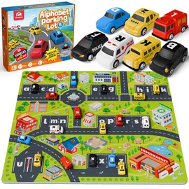 Coogam Alphabet Maze, 26pcs Pull Back Car with Play Mat Preschool Letter Matching Game for 3 4 5 Years Old, Montessori Educational Fine Motor Gift Toy for Toddler Kids