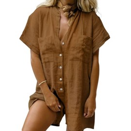 CHARTOU Women Summer Shorts Romper Button Down Wide Leg Cotton Linen Shortalls Jumpsuit (Medium, Brown)