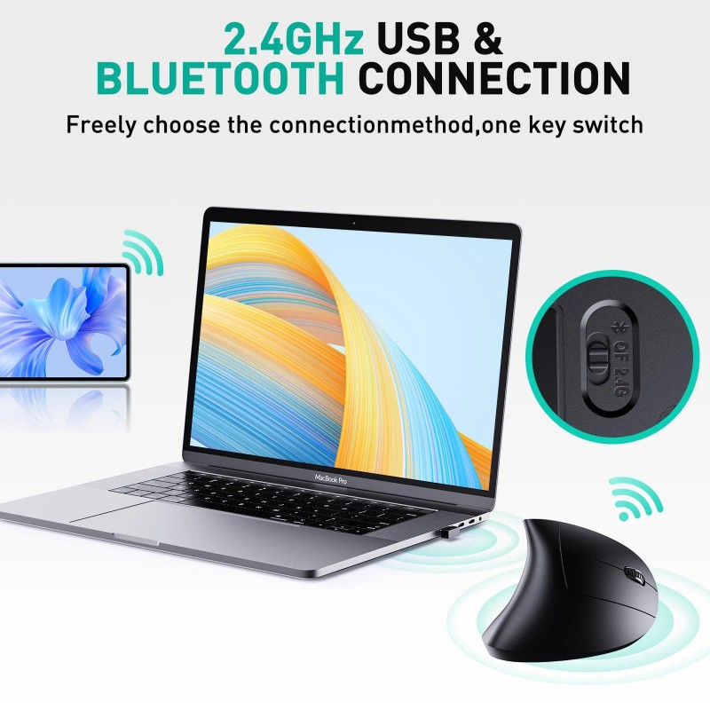 Jykeymout Bluetooth and 2.4G (2-in-1) Rechargeable Wireless Mouse, Ergonomic Vertical