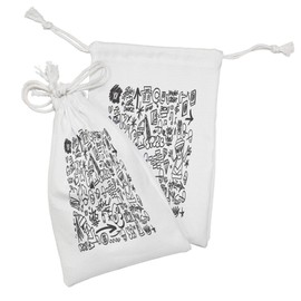 Lunarable Rap Fabric Pouch Set of 2, Hip Hop Lifestyle and Culture Themed in Sketch Style Graffiti Art Design, Small Drawstring Bag for Toiletries Masks and Favors, 9" x 6", Charcoal Grey White