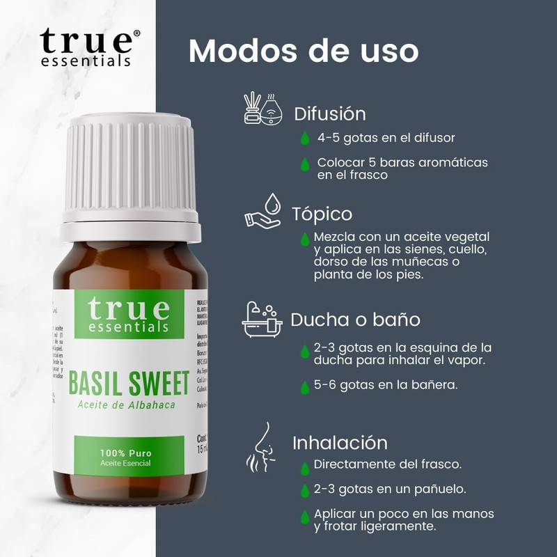 Aceite Esencial Basil Sweet (Albahaca) 15ml True Essentials, colección de