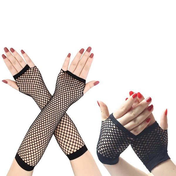 IRYNA 2 Pairs Fishnet Gloves,Long and Short Fishnet Fingerless Gloves,Women 80s Net Mesh Gloves,Stretchy Retro Gloves Hand Gloves for Dance Disco Fancy Dress Costume Accessory Party Supplies