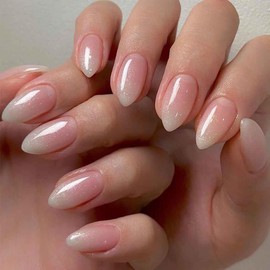 Foccna Press on Nails Medium, Pink Fake Nails Short Almond Acrylic False Nails,Artificial Nails for Women and Girls 24 pcs 