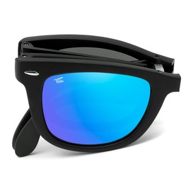 Foldies - anteojos de sol plegables clásicas polarizadas, UV400, protección UVA, UVB para hombres y mujeres, funda de piel plegable para anteojos de sol, Negro Mate - Espejo Azul, M