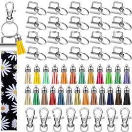 75 Pieces Key Fob Hardware Set, Includes 25 Lanyard Wristlet Keychain Hardware with Keyring, 25 Leather Tassel Keychain Pendant, 25 Swivel Snap Hook for Keychain Hardware Supplies, Silver