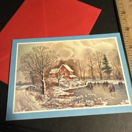 Vtg Christmas Card UNUSED Town Currier And Ives Ice skating rink Pond Early