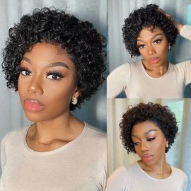 Pixie Cut Wig Human Hair Lace Short Afro Curly Bob Water Wave Lace Front Wigs13X1 HD Transparent Lace Frotal for Black Women 6 Inches Pre Plucked with Natural Black Color (1B#)