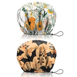 Cabreche 2 PCS Shower Cap Reusable Waterproof Double Layers Hair Caps Large Shower Bath Adjustable Elastic Hat for Women Girls Cute Aesthetic-Flower Bat