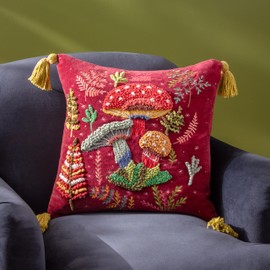 Wylder Nature Magic Mushrooms Embroidered Cushion Cover, Ruby Red