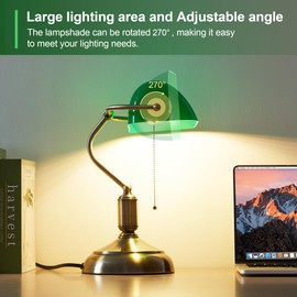 DIVEKID Bankers Lamp, Green Desk Lamp with Pull Chain Switch, 3 Lighting Color Mid Century Banker's Desk Light for Home Office Library Christmas (Green Plastic Lampshade)