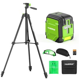 HUEPAR Laser Level with 60in Tripod, 98Ft Self Leveling Laser Level Green Line Laser Cross Line Laser Leveler Tool for Picture Hanging, Tile, Home Renovation, Indoor Project, Battery&Goggles Included